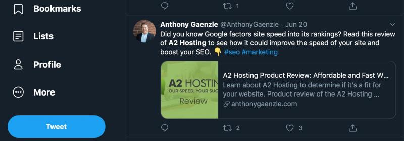 A tweet from A2 Hosting.