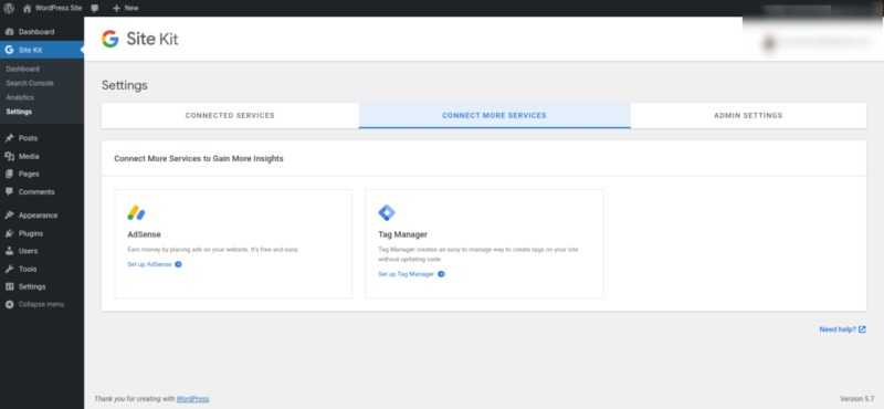 The option to set up Tag Manager via Google Site Kit.