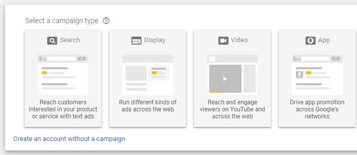 Creating an account without a campaign in Google Ads.