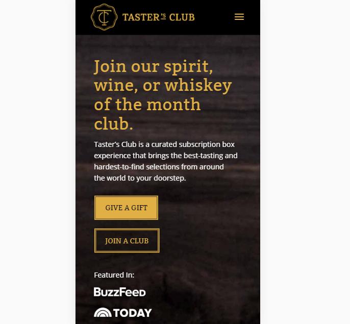 A landing page for Taster's Club.