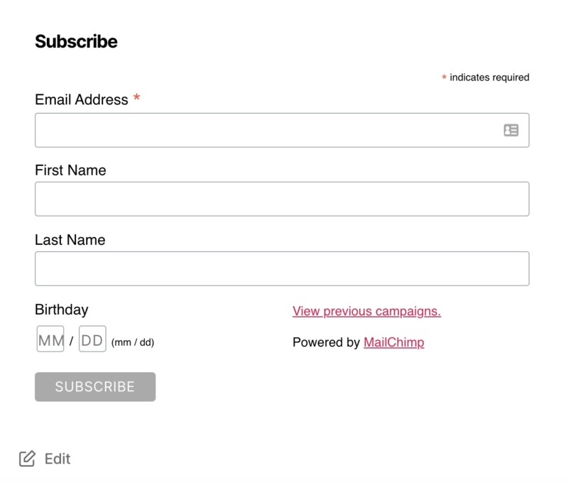 An email subscription form, created using Mailchimp.