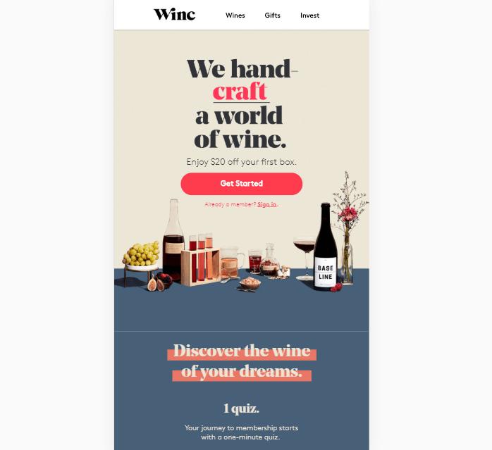 A landing page for Winc.