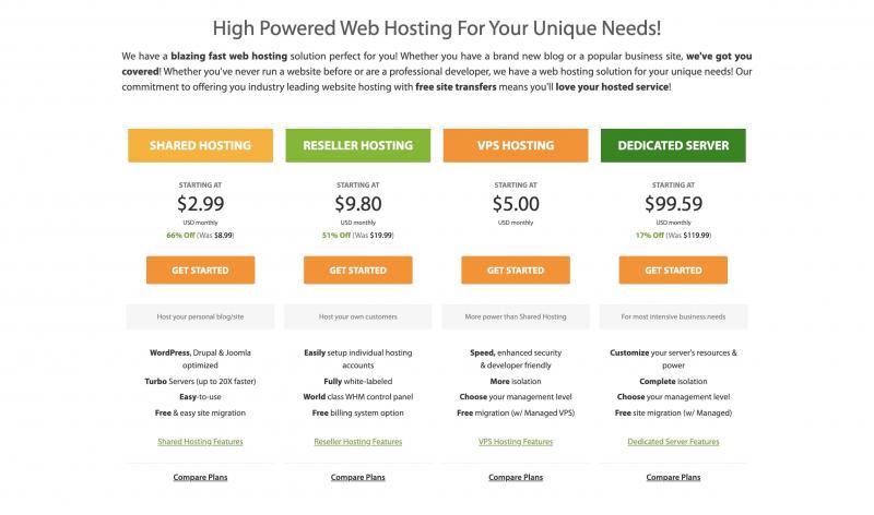An A2 Hosting pricing page, which uses white space for a clean and professional design.