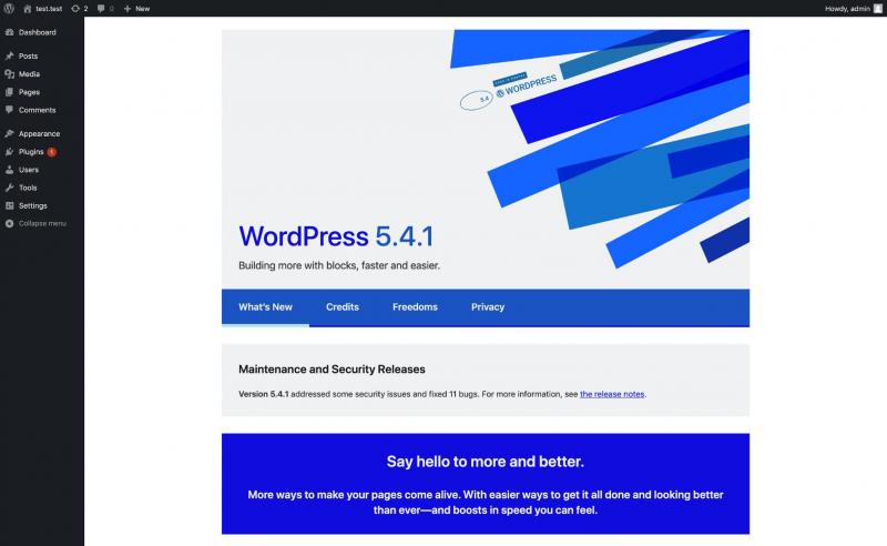 The welcome page for WordPress version 5.4.1.