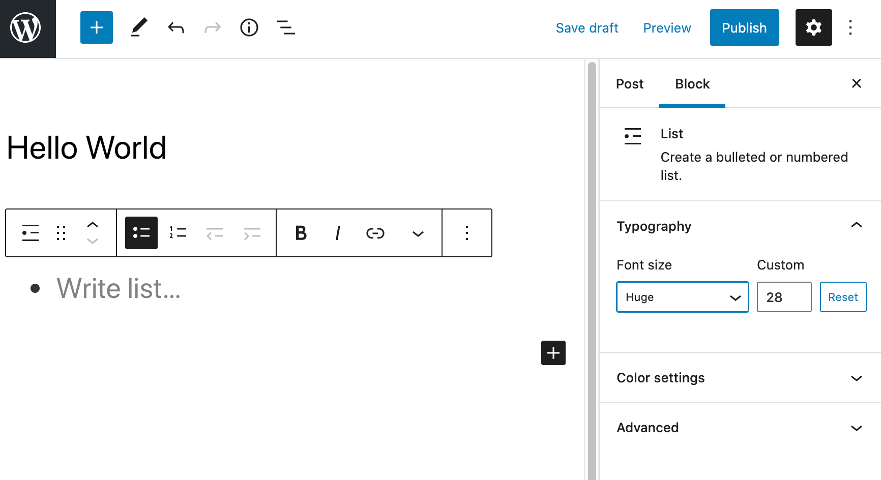 The Block editor's new font settings.