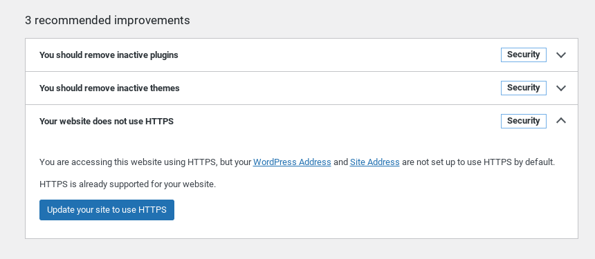 The button to update WordPress site to HTTPS.
